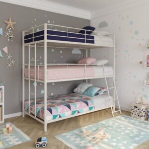 Silver Metal Triple Sleeper Bunk Bed with Built-In Wardrobe