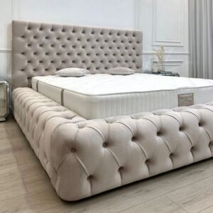 Linen Upholstered Bed with Button-Tufted Headboard