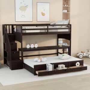 Wooden Triple Loft Bed with Desk and Drawers