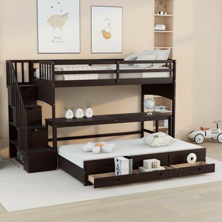 Wooden Triple Loft Bed with Desk and Drawers