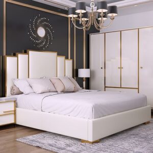 White Leather Upholstered Bed with Geometric Headboard