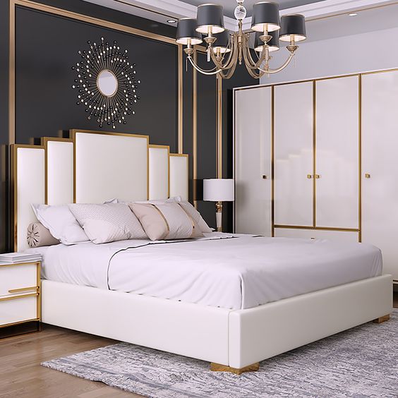 White Leather Upholstered Bed with Geometric Headboard