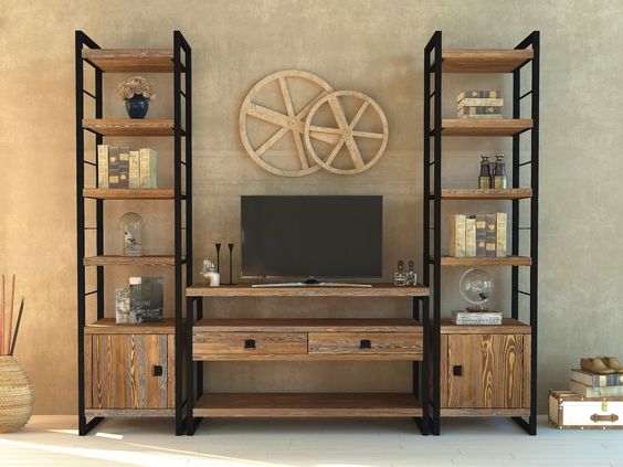 Industrial-Style Metal and Wood Wall Unit