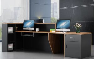 Wooden Reception Table with Storage Shelves