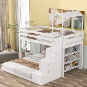 Rustic Triple Decker Bed with Built-In Drawers