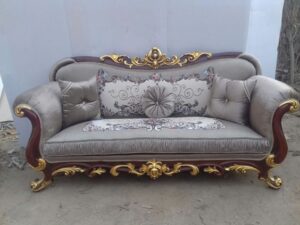 Victorian Settee with Carved Wood Frame and Brocade Fabric