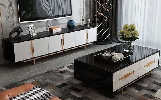 Glass TV Stand and Center Table Set with Geometric Shapes