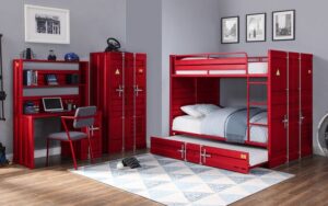 Red Metal Triple Bunk Bed with Futon