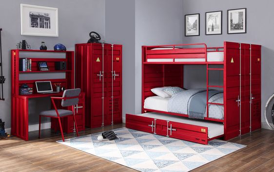 Red Metal Triple Bunk Bed with Futon