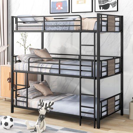 Blue Metal Triple Bunk Bed with Slide