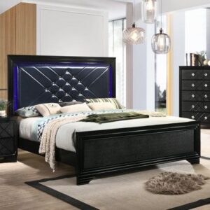 Charcoal Upholstered Panel Bed with LED Lighting