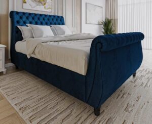 Navy Blue Velvet Sleigh Bed