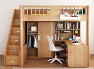 Wooden Loft Bed with Desk and Storage