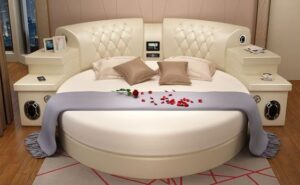 Upholstered Bed with Built-In Bluetooth Speakers