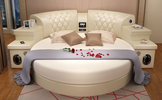 Upholstered Bed with Built-In Bluetooth Speakers
