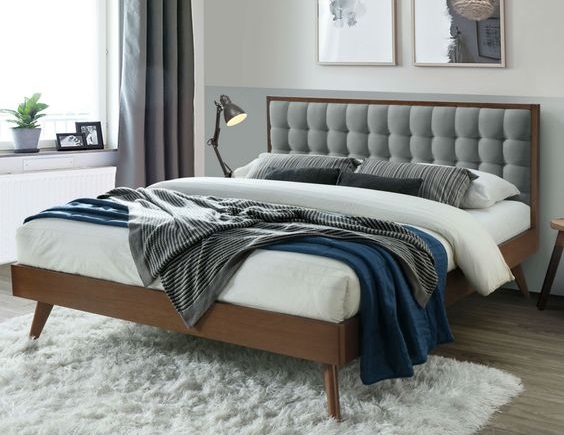 Mid-Century Modern Upholstered Bed with Tapered Legs