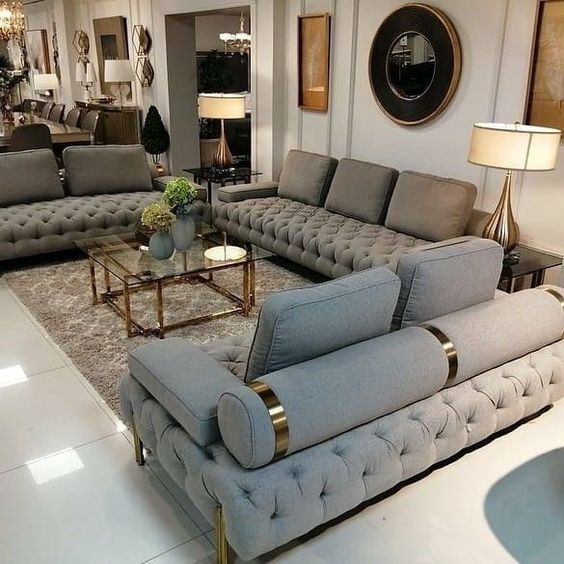 Fabric Upholstered Chesterfield Sofaset with Nailhead Trim