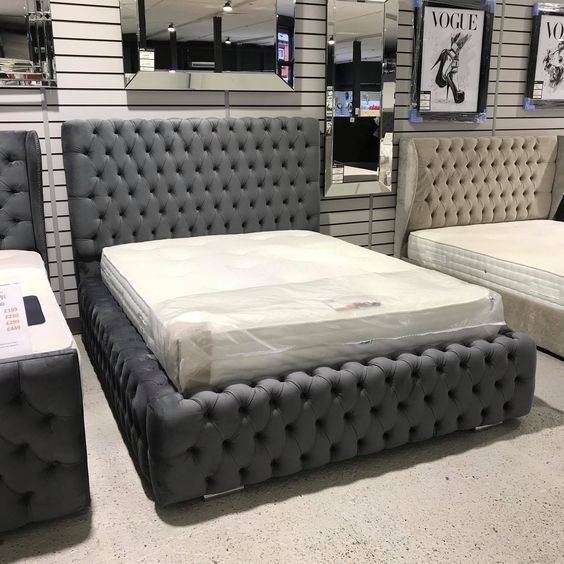 Linen Upholstered Bed with Button-Tufted Headboard