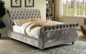 Gray Fabric Sleigh Bed with Tufted Headboard