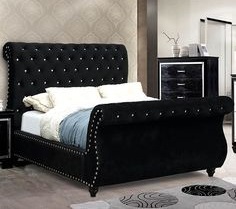 Button-Tufted Upholstered Sleigh Bed