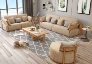 Walnut Wood Framed Sofaset with Detachable Cushions