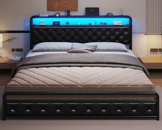 Upholstered Platform Bed with Built-In LED Lighting