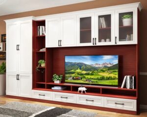 Dark Wood Wall Unit with Integrated Fireplace