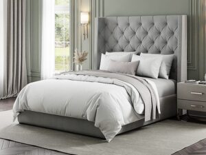 Tufted Beige Upholstered Bed with Wingback Headboard