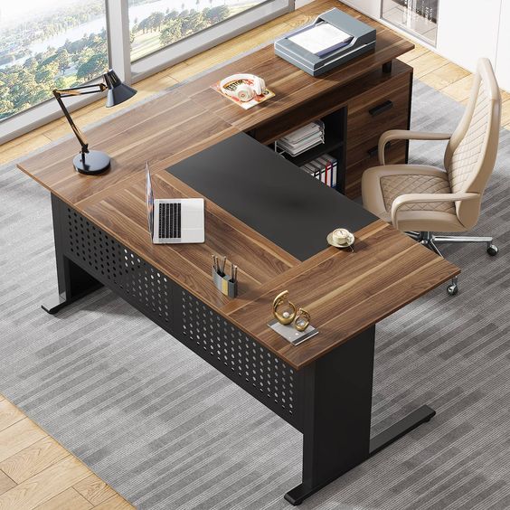 L-Shaped Leather-Top Executive Desk for Executive Comfort
