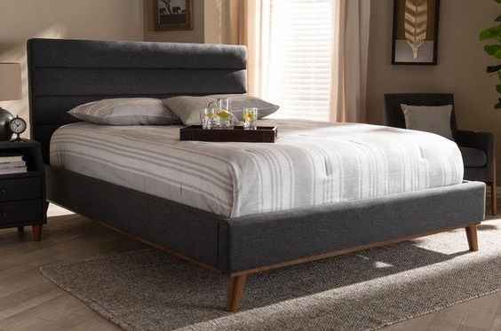Mid-Century Modern Upholstered Bed with Tapered Legs