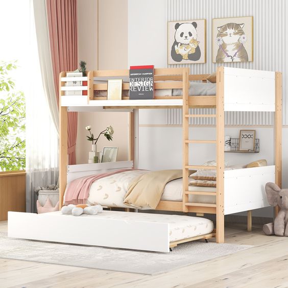 Contemporary Wooden Triple Decker Bed with Bookshelves
