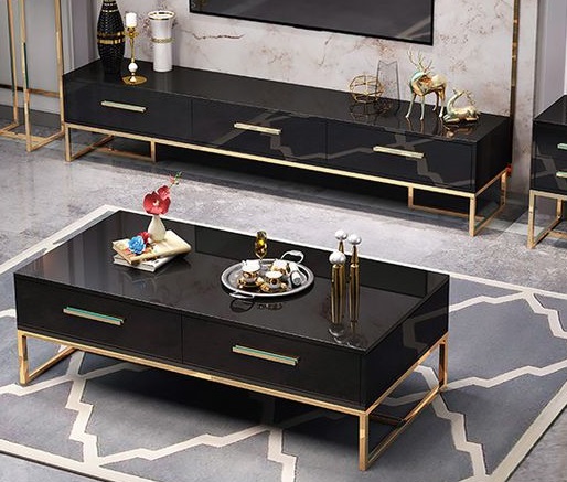 Vintage TV Stand and Center Table Set with Brass Accents
