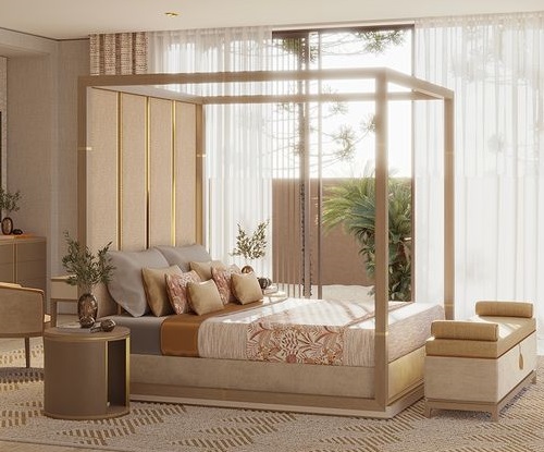 Upholstered Canopy Bed with Sheer Drapes