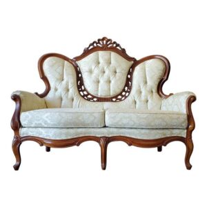 Victorian Settee with Carved Wood Frame and Brocade Fabric