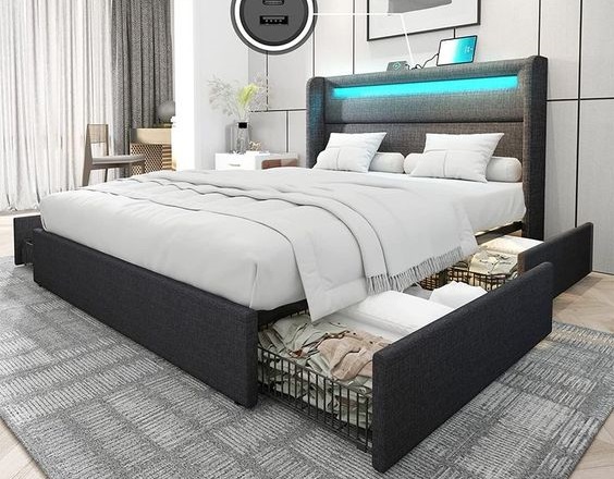 Linen Upholstered Storage Bed with Drawers