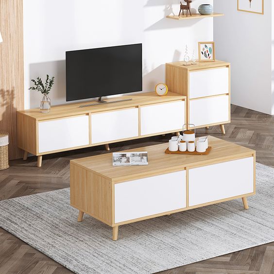 Vintage TV Stand and Center Table Set with Brass Accents