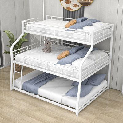 White Metal Triple Bunk Bed with Ladder