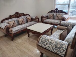 Classic Wooden Frame Sofa Set with Floral Upholstery