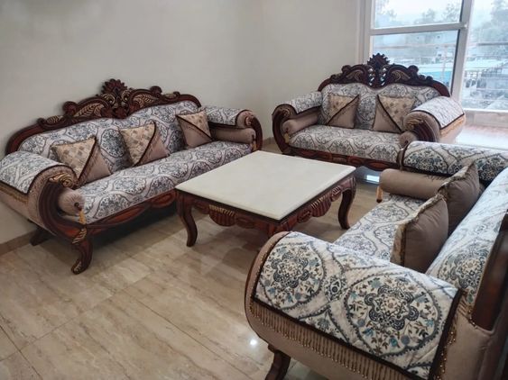 Classic Wooden Frame Sofa Set with Floral Upholstery
