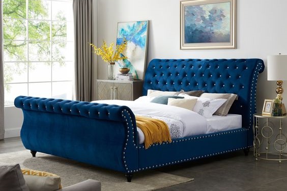 Button-Tufted Upholstered Sleigh Bed