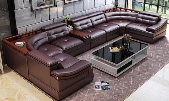 Velvet and Leather Combo U-Shaped Sofa