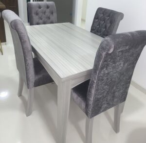 Compact Square Wooden Dining Table 4 Seater Uphlstered chairs