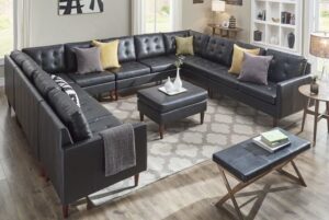 Velvet and Leather Combo U-Shaped Sofa