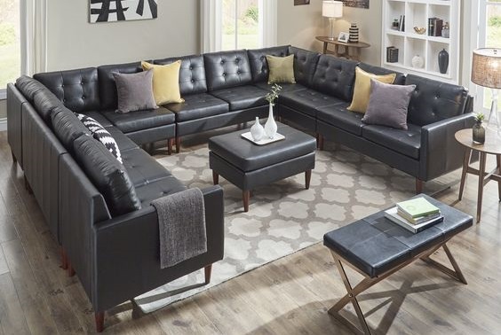 Velvet and Leather Combo U-Shaped Sofa