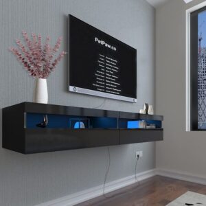 Contemporary Wall-Mounted TV Shelf with LED Lighting: