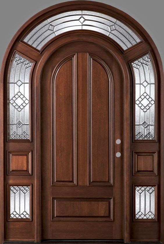 Arched Top Wooden Door with Wrought Iron Accents