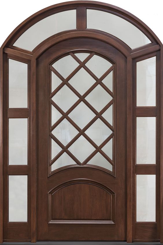 Arched Top Wooden Door with Wrought Iron Accents