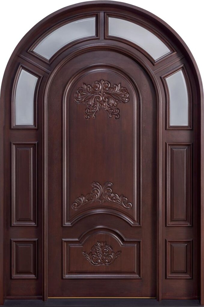 Arched Top Wooden Door with Wrought Iron Accents