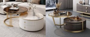 Round Metallic and marble top center table with drawers