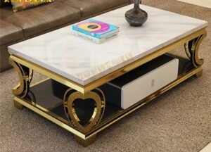 Classic metallic and wooden center table with gold legs